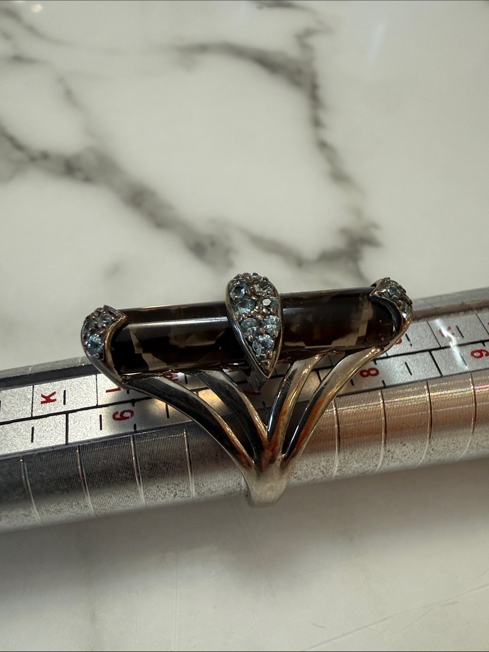 Silver ring with bar-cut smoky quartz with CZ end caps, size 7
